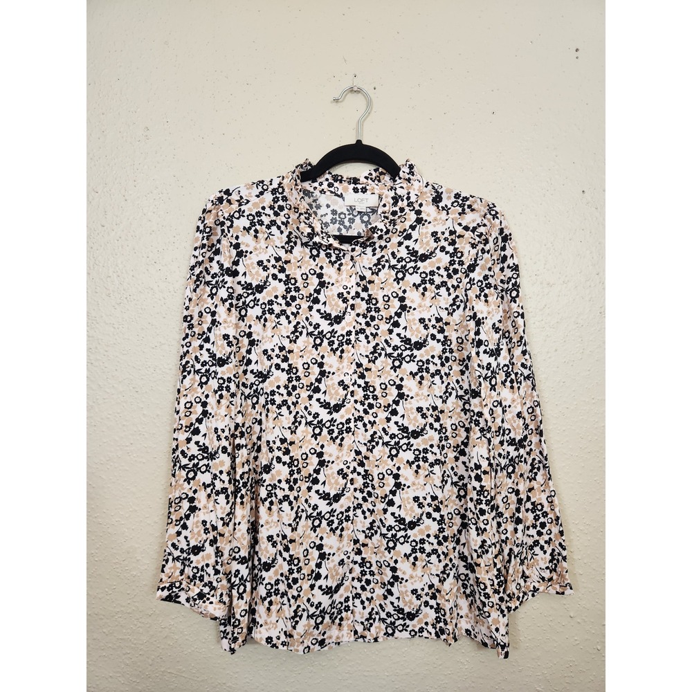 LOFT‎ Outlet Floral Print Blouse Ruffle Neck Long Sleeve Top Beige Black M